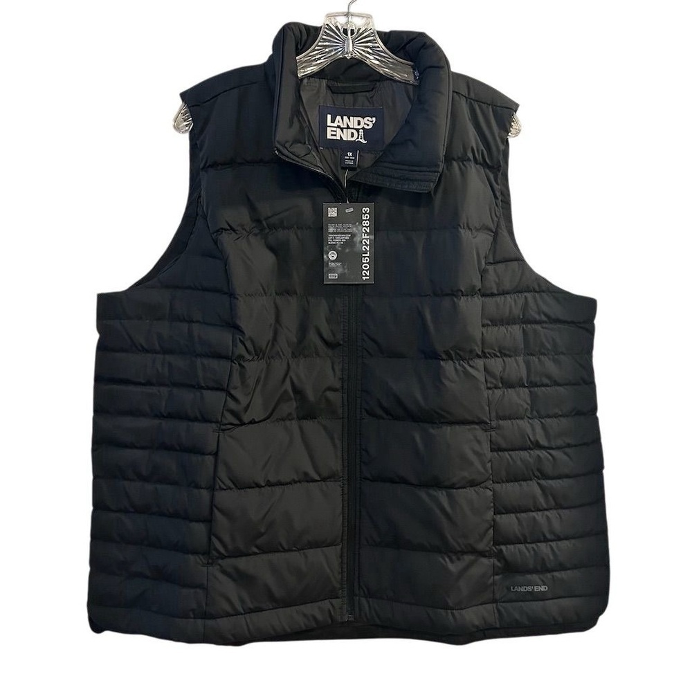 Lands' End Women's 1X Black Puffer Vest Water-Resistant Down Snap Side Pockets